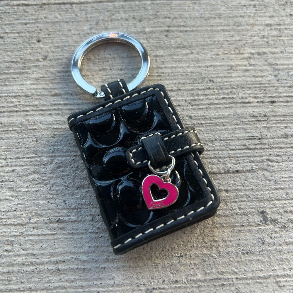 Vintage Coach Black Keychain with Pink Heart Charm